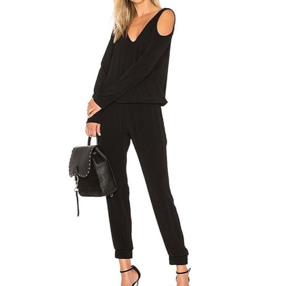 MONROW Cold Shoulder Jumpsuit Small Black Long Sleeve Jogger V-Neck